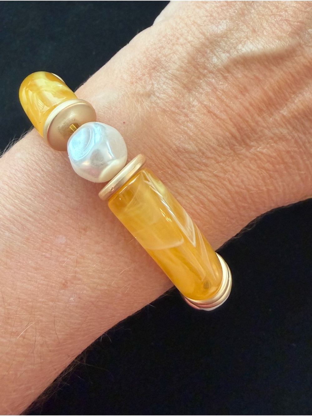 NWOT Plunder Golden Amber Resin Tube Bracelet with Pearl Accent